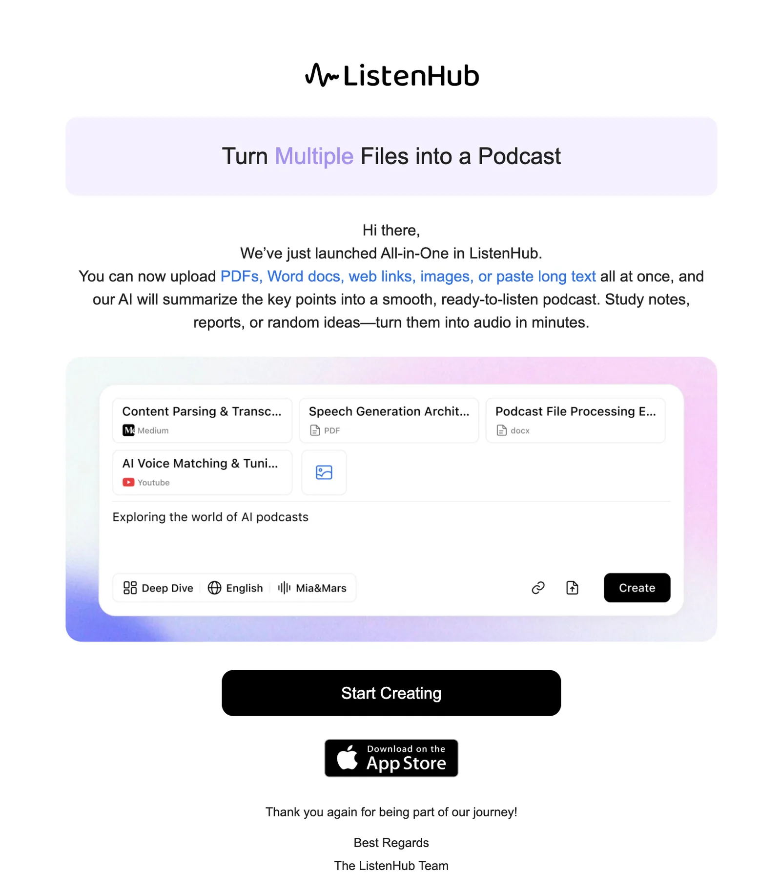 The ListenHub composer holding four sources at once — a Medium article, a PDF, a docx and a YouTube link — above a text box reading "Exploring the world of AI podcasts", with Deep Dive, English and the Mia and Mars voice pair selected